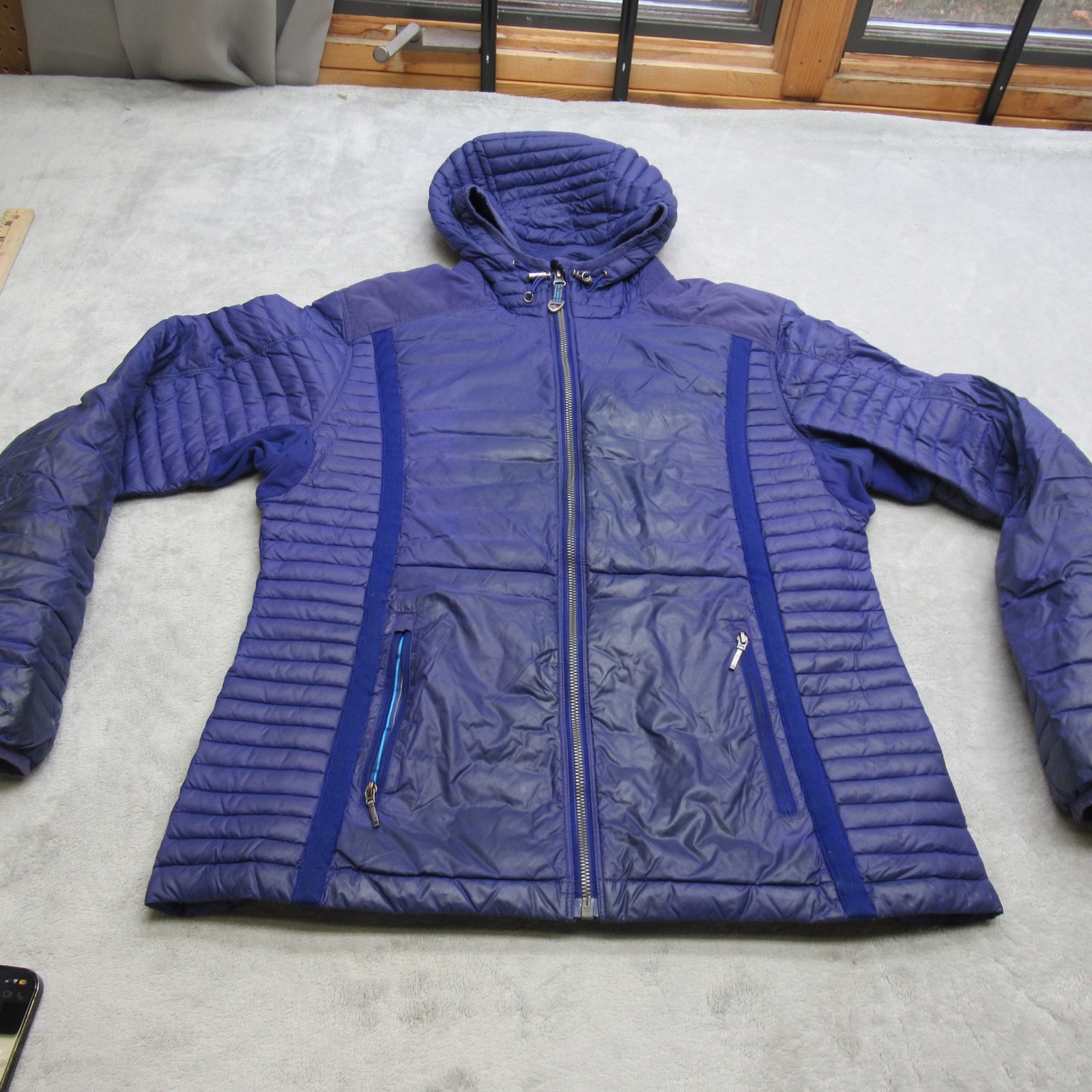 Kuhl Spyfire Down Jacket Womens Medium Purple Quilted Hooded Puffer Full Zip